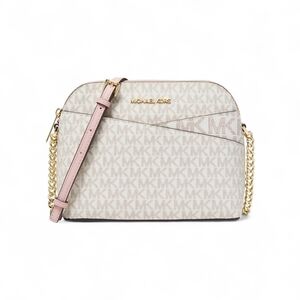 Michael Kors Cream Logo Crossbody with Pale Pink Strap and Gold Chain